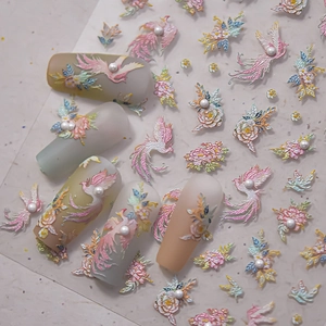 Phoenix Flower Nail Art Stickers Relief Artificial Pearl Chinese Style Embossed Self Adhesive Crystal Diamond Decor