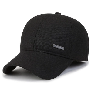 Men's winter black wool baseball cap with ear flaps and sports metal badge detail