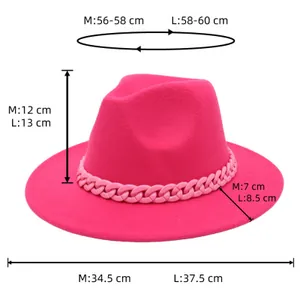 Size chart for wide brim fedora hat showing head circumference and brim measurements