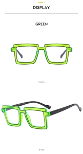 Detail view of transparent green TR90 square glasses frames with blue light blocking lens