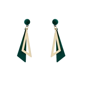 Minimalist geometric triangle earrings in dark green and gold with silver needles
