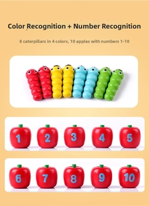 Educational wooden apple toy with numbers and magnetic colorful worms for toddlers