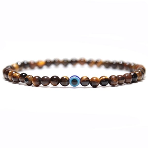 6mm natural tiger eye stone bead bracelet with a blue evil eye charm on white background