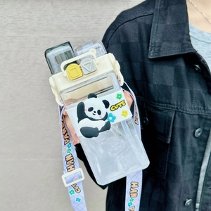 Detailed view of panda plastic water bottle with dual-drink lid and adjustable strap