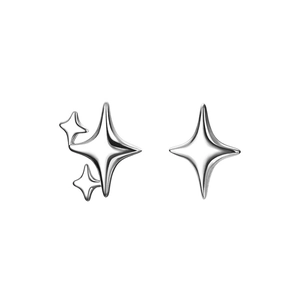 Asymmetric silver four-pointed star stud earrings for women with a minimalist metallic finish