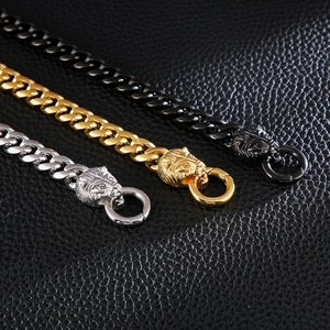Men Stainless Steel Curb Chain Bracelet With Double Lion Head Clasp Punk Hip Hop Style Jewelry