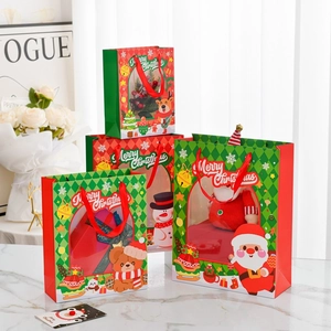 Christmas Gift Paper Bag Cardboard Transparent Window Ribbon Handle Santa Reindeer Snowman Holiday Party Favor