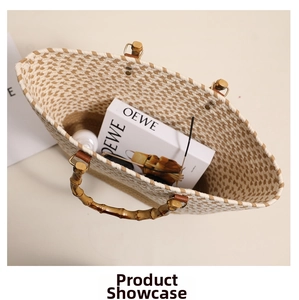 Detailed close-up of woven hand-knitted tote bag with bamboo handles and plaid texture