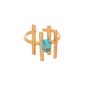 Bague ouverte dorée en acier inoxydable avec pierre ovale en zircon bleu-vert
