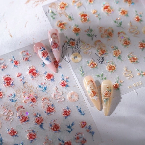 Laser 3D nail art stickers with embossed rose snake designs and gold coins on nude base