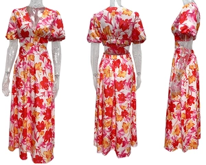 Detail of floral maxi dress featuring a V-neckline, puff sleeves, and waist cut-outs
