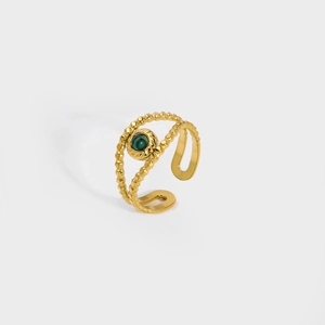 Retro 18K gold-plated stainless steel open ring with green malachite stone inlay