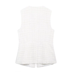 Back view of a white tweed double-breasted vest for women with elegant textured fabric