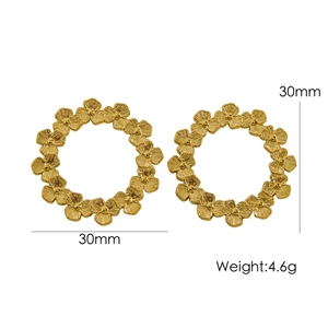 Minimalist 14K gold plated flower hoop earrings with 30mm diameter floral design