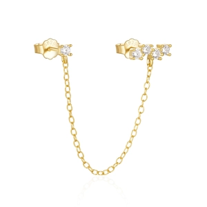 Detailed macro view of S925 sterling silver gold-plated chain stud earrings with zircons