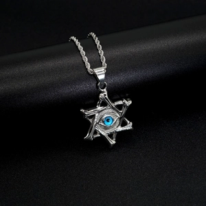 Titanium steel evil eye hexagram necklace with silver finish and braided rope chain