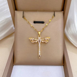 Dragonfly Pendant Necklace Gold Plated Stainless Steel And Copper Micro Pave Cubic Zirconia Elegant Hollow Jewelry For Women