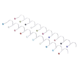 Set of 18 stainless steel S-shaped nose studs with multi-color rhinestones