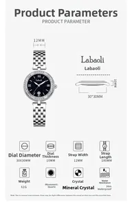 Detailed size chart for women starry sky quartz watch with stainless steel band parameters