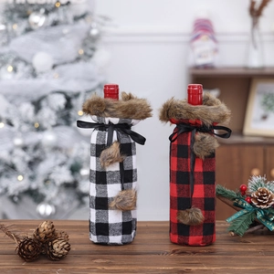 Christmas plaid wine bottle covers with mink fur collar and pom-poms for table decor