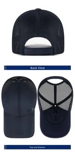 Detailed view of dark blue breathable mesh sports cap with reinforced interior structure