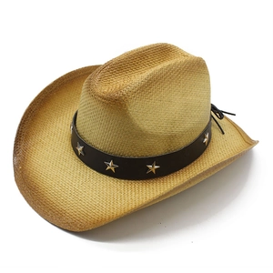 Western Cowboy Straw Hat Retro Wide Brim Sun Protection Breathable Paper Straw With Star Rivet Leatherette Band For Men Women