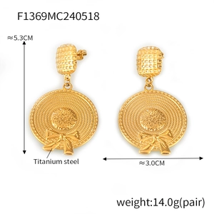Macro view of gold titanium steel hat earrings with dimensions 5.3cm length and 3.0cm width