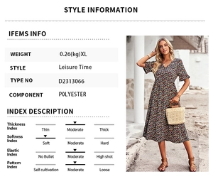 Size chart and fabric details for V-neck floral polyester midi dress for casual wear