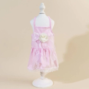 Detail of pink floral pet dress featuring soft mesh tulle and delicate lace roses