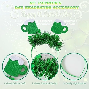 Green St. Patrick's Day headband with glitter beer mug design and fringe accents