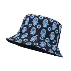 Reversible Hamsa Hand and Evil Eye bucket hat for outdoor sun protection in black