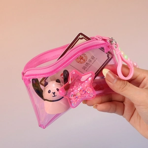 Porte-monnaie rose en PVC transparent avec paillettes d'étoiles et poupée panda