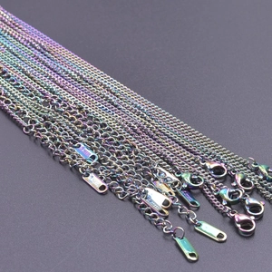 Detailed macro view of 2.2mm rainbow stainless steel chain necklaces with 925 hallmarks