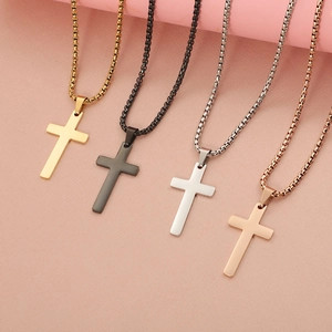 Polished stainless steel cross necklace set in gold, black, silver and rose gold colors