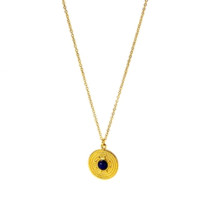 Detail view of a vintage gold necklace featuring a round pendant with deep blue turquoise inlay