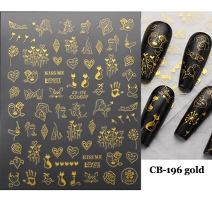 Detail of CB-196 gold 3D nail stickers featuring abstract line art and hearts