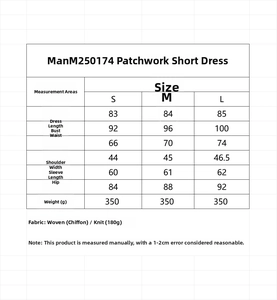 Tableau des tailles détaillé pour robe courte patchwork avec mesures S, M, L et tissus