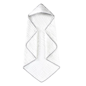 Absorbent 6-layer white cotton muslin hooded baby towel with grey piping on white background