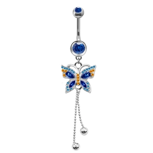 Detailed close-up of a silver butterfly belly ring with blue stones and bead tassels