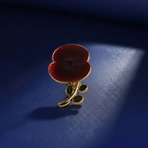 Detail shot of red poppy brooch with gold stem and green enamel on dark blue background