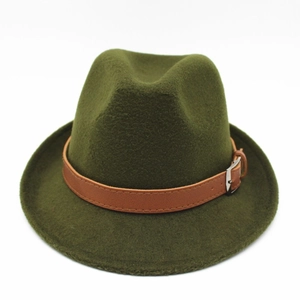 Detail of dark green wool fedora hat featuring brown leather band and metal buckle