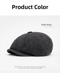 Close-up of dark grey herringbone wool newsboy cap showing detailed woven texture and button