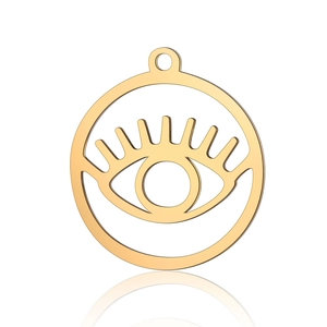 Macro detail of gold round hollow pendant with eye and eyelash design on white background