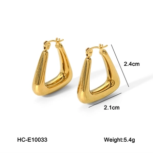 Detailed view of gold triangular stainless steel earrings with size and weight specs
