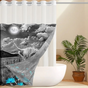 Detail view of waffle weave shower curtain featuring a black and white highland cow print