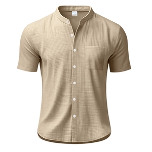 Detail of khaki men's linen blend shirt featuring stand-up collar and button placket