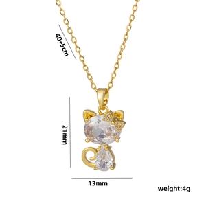 Golden micro-paved kitten pendant necklace in titanium steel with dimensions and weight