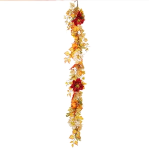 Autumn maple leaf garland with sunflowers and pumpkins for Thanksgiving home wall decor