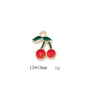 Macro detail of cherry enamel charm showing 15x18mm dimensions for DIY jewelry making