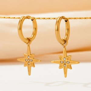 Starburst Dangle Hoop Earrings Stainless Steel North Star Cubic Zirconia Inlay Elegant Geometric Jewelry For Women
